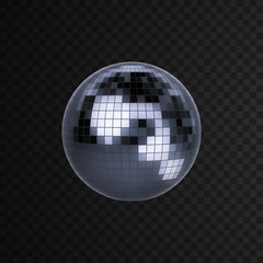 Disco ball isolated on black transparent background. Vector illustration of silver mirror ball. Nightlife concept. Shiny 3d sphere