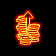 Coins stack, finance grow, up arrow. Orange neon style on black