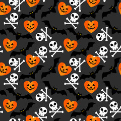 Halloween symbol seamless pattern. Bat  heart and skull