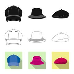 Isolated object of headwear and cap logo. Set of headwear and accessory stock vector illustration.