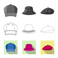 Vector illustration of headwear and cap logo. Collection of headwear and accessory stock symbol for web.