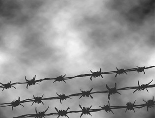 International Day of Fascist Concentration Camps and Ghetto Prisoners Liberation. Black and white vector illustration to the holocaust. Fence made of wire with spikes isolated on grey sky background.