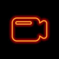Simple video camera icon. Orange neon style on black background.