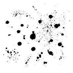 Black paint, ink splash, grunge ink droplets, blots. Black ink splatter, isolated on white. Vector illustration.