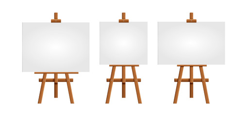 Set blank art board and realistic wooden easel. Wooden Brown  Easel with Mock Up Empty Blank Square Canvas Isolated on white background. Vector illustration.