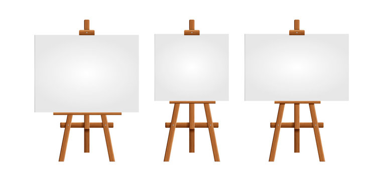 Set blank art board and realistic wooden easel. Wooden Brown  Easel with Mock Up Empty Blank Square Canvas Isolated on white background. Vector illustration.