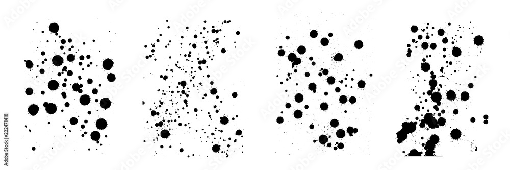 Poster vector drips of black ink. drops and splashes. different size. set of four unique patterns