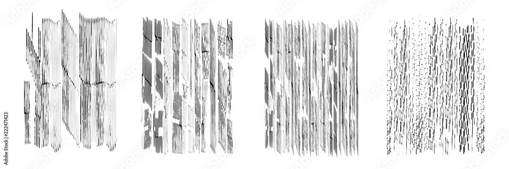 Poster vector texture of black ink. vertical thin lines. different size. glitch distortion effect. set of f