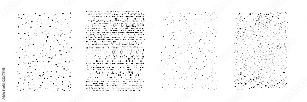 Poster vector drips of black ink. small dots, drops and splashes. different size. set of four unique patter