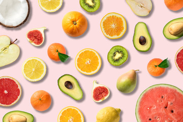 Various vegetables and fruits on pink background, top view, flat layout. Food vegan concept.