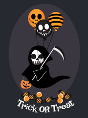 Angle of death and Halloween balloon background. Halloween greeting card.