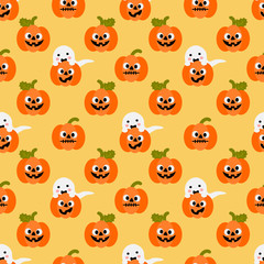 Cute Halloween pumpkin and ghost seamless pattern. Cute Halloween concept.