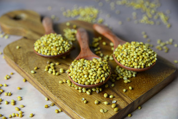 Coriander seeds in a wooden spoon

