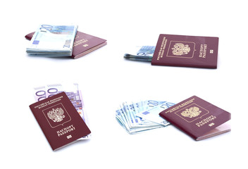 Collage of russian passport with euro banknotes on white background