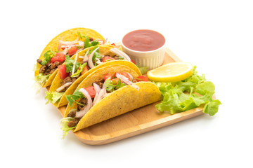 tacos with meat and vegetables isolated on white background