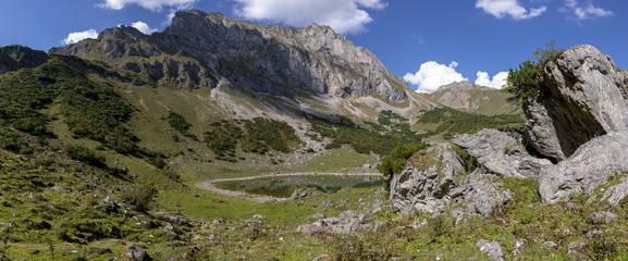 panorama view mountain lake Krumpensee on Eisenerzer Reichenstein, a mountain in the Ennstal Alps in the Austrian federal state of Styria

