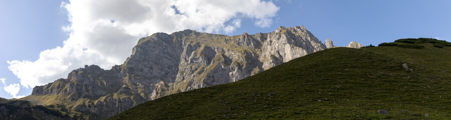 panorama view alpine pasture krumpenalm on Eisenerzer Reichenstein, a mountain in the Ennstal Alps in the Austrian federal state of Styria
