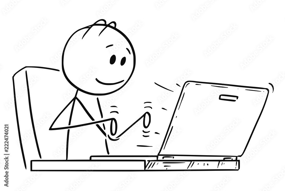 Fototapete cartoon stick drawing conceptual illustration of smiling man or businessman working or typing in off