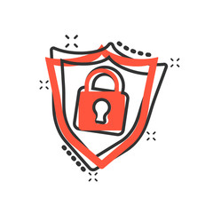 Vector cartoon lock with shield security icon in comic style. Padlock sign illustration pictogram. Shield business splash effect concept.