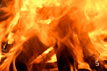 extreme close up of fire and logs in campfire