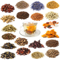 Variety of dried tea, dried herbal