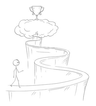Cartoon stick drawing conceptual illustration of man or businessman walking up the path to heaven for his dream and success represented by winner's cup.