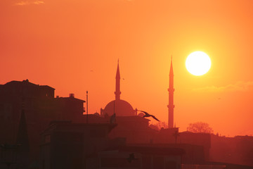 A romantic sunset in Istanbul, the historical metropolis in Bosporus
