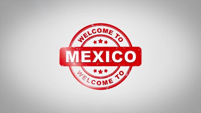 Welcome to MEXICO Signed Stamping Text Wooden Stamp Animation. Red Ink on Clean White Paper Surface Background with Green matte Background Included.