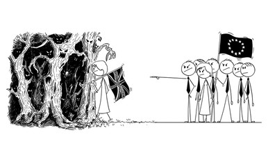 Naklejka premium Cartoon stick drawing conceptual illustration of brexit, Britain or United Kingdom or UK is leaving European Union or EU. Britain is expelled with no treaty signed and is heading alone in dangerous