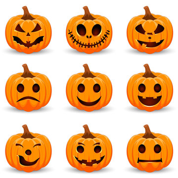 Set pumpkin on white background. The main symbol of the Happy Halloween holiday. Orange pumpkin with smile for your design for the holiday Halloween. Vector illustration.