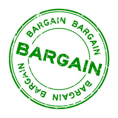 Grunge green bargain word round rubber seal stamp on white background