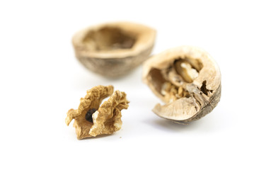 cracked  walnut, nutshell and kernel, close up isolated with shadows on a white background, copy space