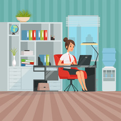 Workspace of woman manager. Business lady at work. Secretary sitting, worker businesswoman in office. Vector illustration