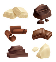 Chocolate icon set. Realistic pictures of chocolate various types. Food dessert sweet, cocoa snack, vector illustration
