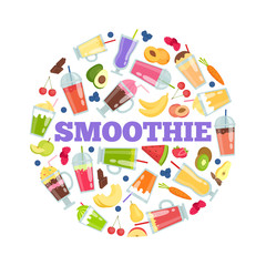 Smoothie cocktails in circle. Vector summer background isolate on white. Illustration of smoothie cocktail with fruit, drink fresh