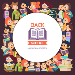 School people characters. Various cartoon background with boys and girls at school. Vector children read book, smiling schoolboy character illustration