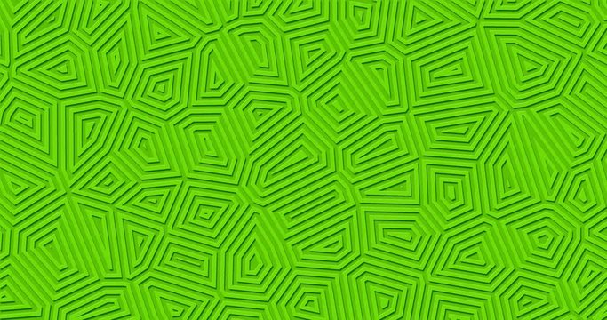 Bright matte green geometric background. Abstract outlines shapes looped move. Kaleidoscope flower pattern. Stylish minimal modern motion design. Effect of cutting paper and embossing. Folk ornament