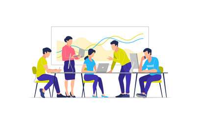Business process, teamwork, office, workplace, business characters. Vector illustration.
