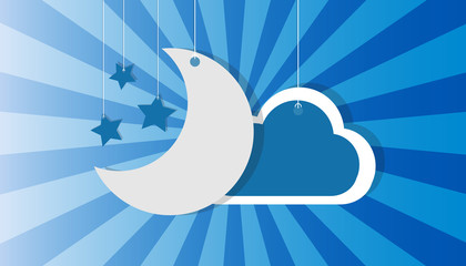 Hanging Moon Stars And Cloud - Vector Icons Over Blue Sunburst Background