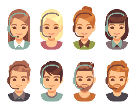 Call center man and woman operator business avatars. Cartoon people agent faces with headset. Support and contact vector flat icons. Call operator with headset, support customer service illustration