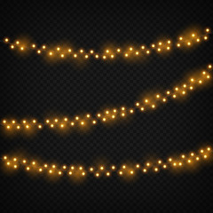 Obraz na płótnie Canvas Christmas lights. Xmas realistic glowing golden light holiday decoration. Garland with lightbulbs. Isolated vector set. Christmas decoration, garland bulb for new year party illustration