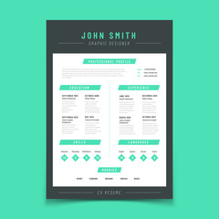 Resume letter. Personal cv sample with professional vitae and curriculum vector template. Resume form cv sample, education and skill, language and hobby illustration