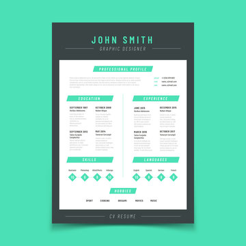 Resume letter. Personal cv sample with professional vitae and curriculum vector template. Resume form cv sample, education and skill, language and hobby illustration