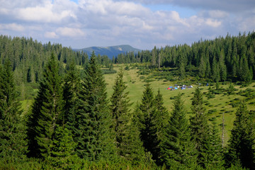 Ukraina, Karpaty Wschodnie - góry Gorgany Środkowe, namioty na Przełęczy Ruszczyna © Iwona