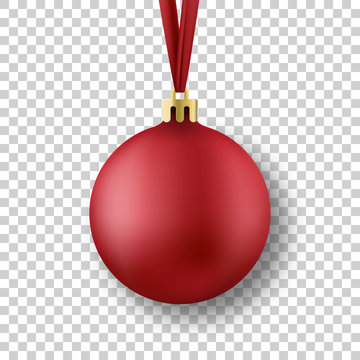 Christmas ball. Realistic red Christmas ball with silk ribbon, isolated on transparent background