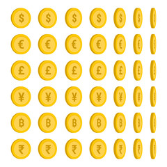 World currency rotate coins set, Currency symbol collection - Vector