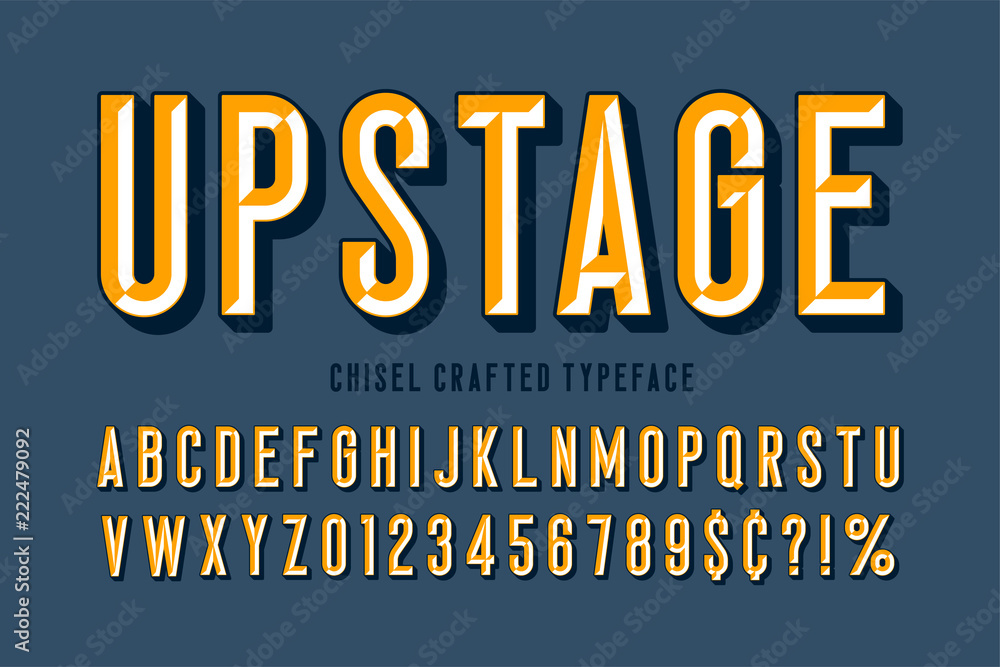 Poster original display font with facets, alphabet, letters and numbers
