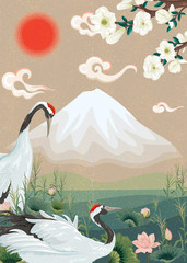 Plakaty  ilustracja z japońskimi żurawiami i górą