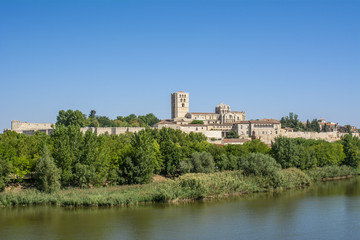 Fototapeta na wymiar Vista del río Duero a su paso por Zamora con la la catedral y el castillo al fondo