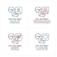 Let's talk about sex, love, man, woman doodle illustration dialog speech bubbles with icon